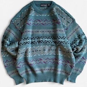 Vintage Peter England Acrylic Wool Blend Teal Geometric Retro Grandpa Sweater